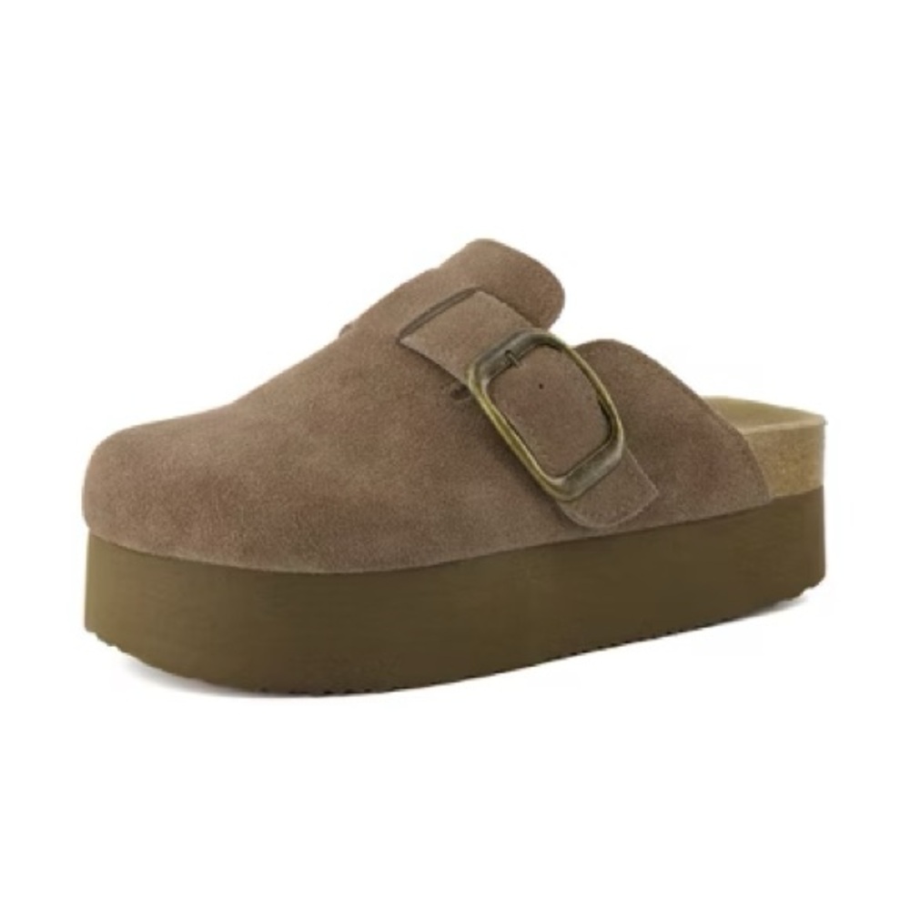 Platform Cushionaire Brown Suede Clogs with Buckle size 10W